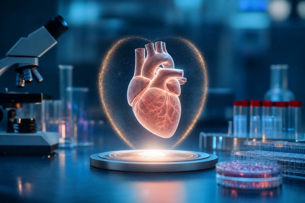 Glowing healthy human heart in a cardio-oncology research laboratory