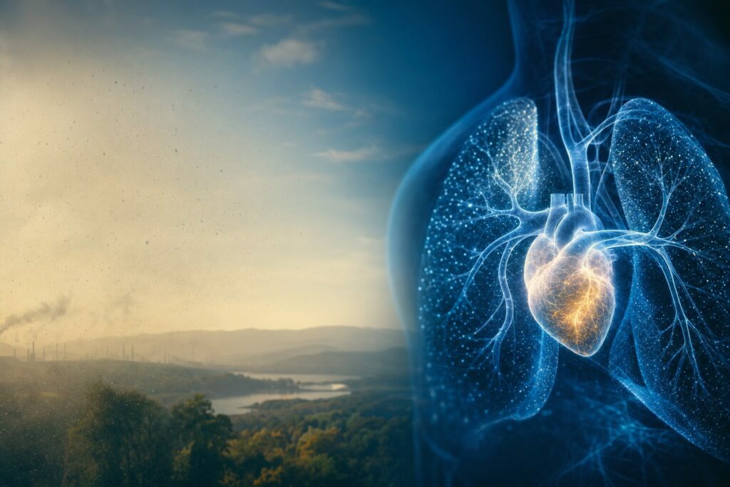Illustration of heart and lungs beside a landscape showing air pollution and clean air